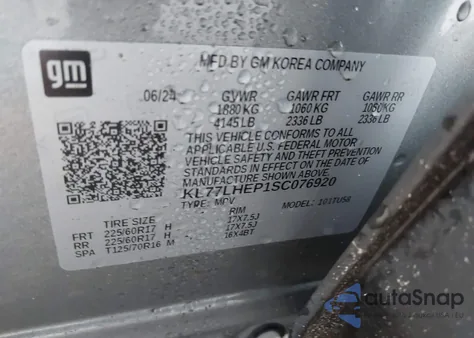 2025 Chevrolet Trax Fwd Lt из США, поврежденный, VIN KL77LHEP1SC076920